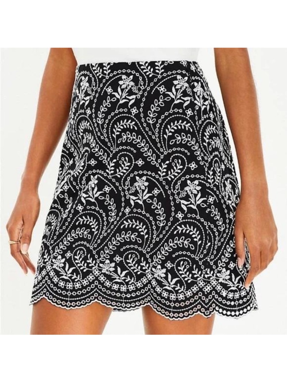 LOFT Black & White Embroidered A-Line Mini Skirt